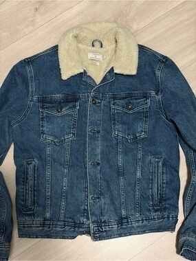 Topman Blue Denim Jacket with Cream Sherpa Collar